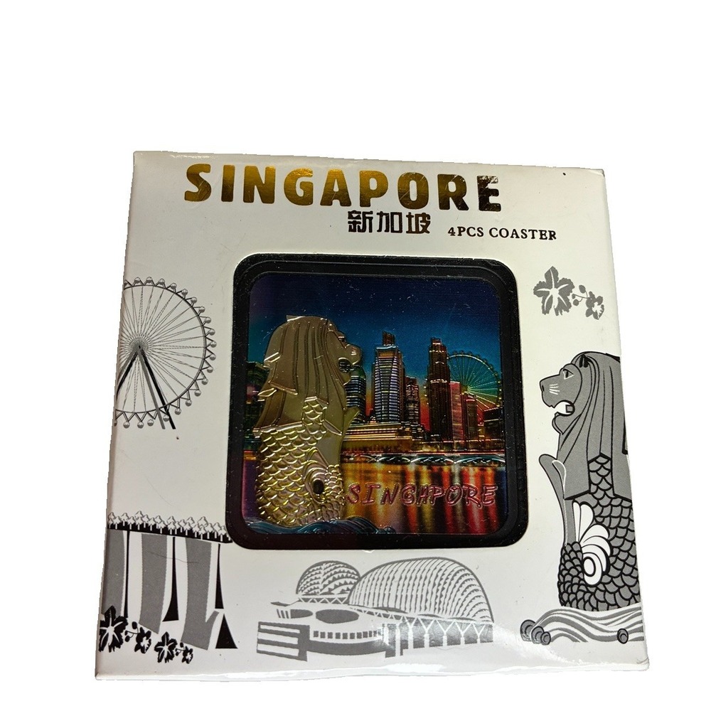 Singapore Souvenir Coaster Set of 4 Merlion Landmarks Original Box 3.75"